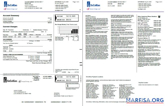 Realistic USA So Cal Gas utility bill template in Word and PDF formats, 2 pages, version 2